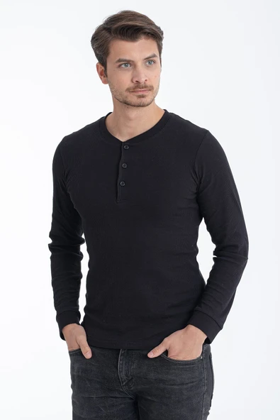 ERDEM İÇ GİYİM Erdem Siyah Düğmeli Kaşkorse Uzun Kollu Tişört 1126 - Resim 2