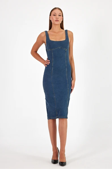 Arkadan Yırtmaçlı Fermuarlı Kalın Asklı Kot Elbise Denim Elbise - 11
