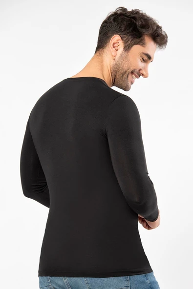 Weweus Siyah Süper Ince Erkek Doğal Bambu Lüks Uzun Kol Tişört 1131 - Resim 5