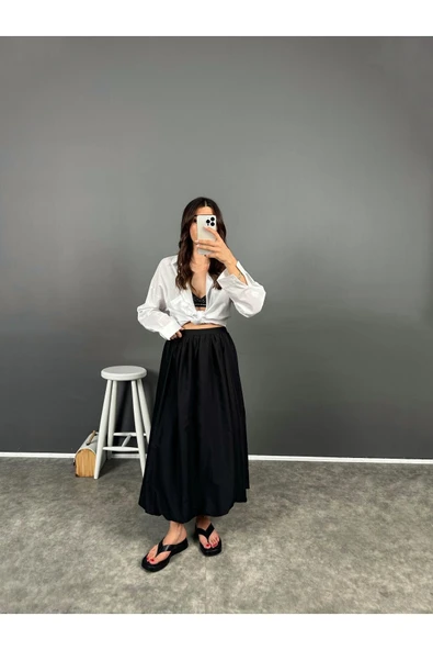 Siyah Beli Lastikli Poplin Yandan Cepli Etek - 1