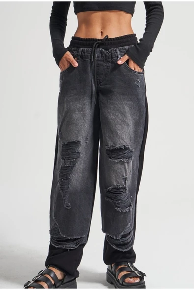 Kadın Tint Haki Lazer Detaylı Skater Jogger Fit Denim Jogger Kot Pantolon Baggy Model - Resim 4