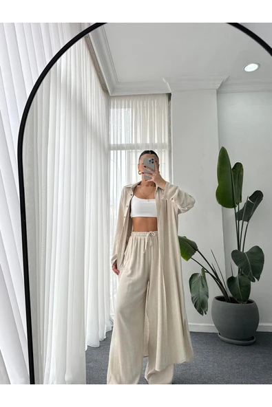 Kimono Takın Uzun Maxi Boy Gömlek Pantolonlu Takım - 1