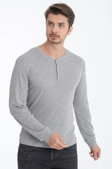 ERDEM İÇ GİYİM Erdem Gri Düğmeli Kaşkorse Uzun Kollu Tişört 1126 - Resim 3