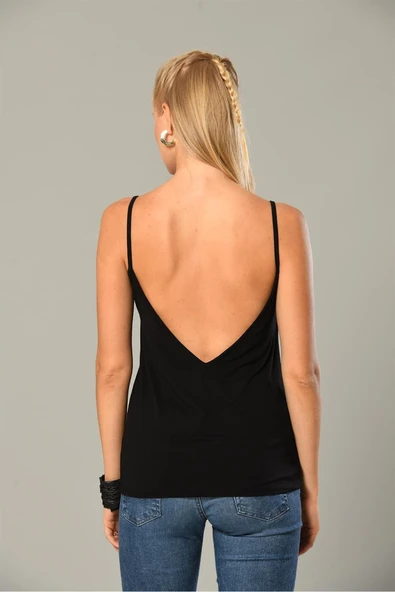 Weweus Siyah Kadın Viskon Sırt Dekolteli Ip Askılı Bluz 236 - Resim 3