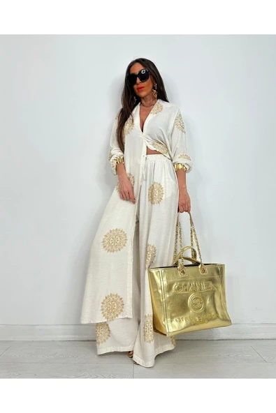 Glow Nakışlı Kimono Takın Uzun Maxi Boy Gömlek Pantolonlu Takım - 7