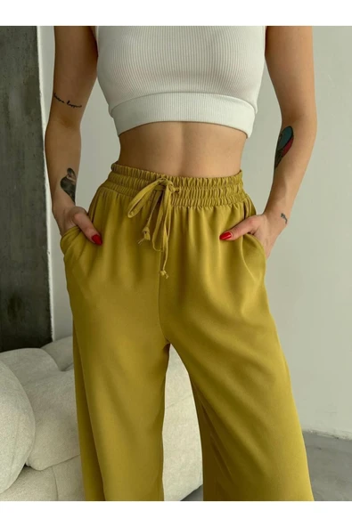 Linda Kumaş Siyah Keten Karışımlı Bol Kesim Pantolon Beli Lastikli Beli Bağcıklı - Resim 10