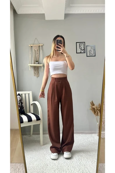 Kadın Yüksek Bel Cırtlı Peleli Bej Palazzo Pantolon - Resim 2