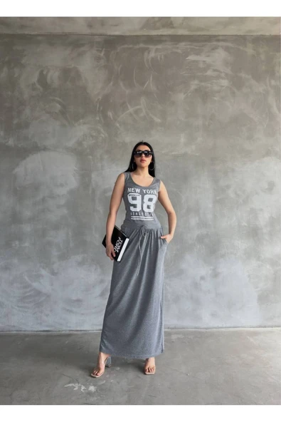 İthal Kompak Süprem Kumaş Baskılı Maxı Boy Elbise Bluz Etek Görünümlü - Resim 8