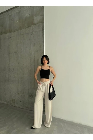 Linda Kumaş Siyah Keten Karışımlı Bol Kesim Pantolon Beli Lastikli Beli Bağcıklı - Resim 9