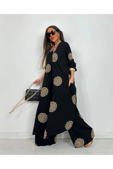 Glow Nakışlı Kimono Takın Uzun Maxi Boy Gömlek Pantolonlu Takım - 8
