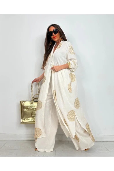 Glow Nakışlı Kimono Takın Uzun Maxi Boy Gömlek Pantolonlu Takım