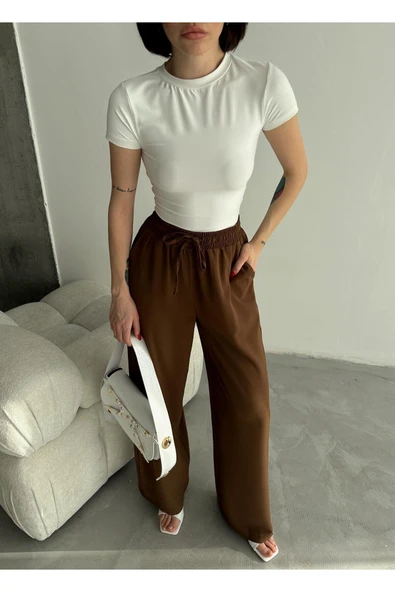 Linda Kumaş Siyah Keten Karışımlı Bol Kesim Pantolon Beli Lastikli Beli Bağcıklı - Resim 7