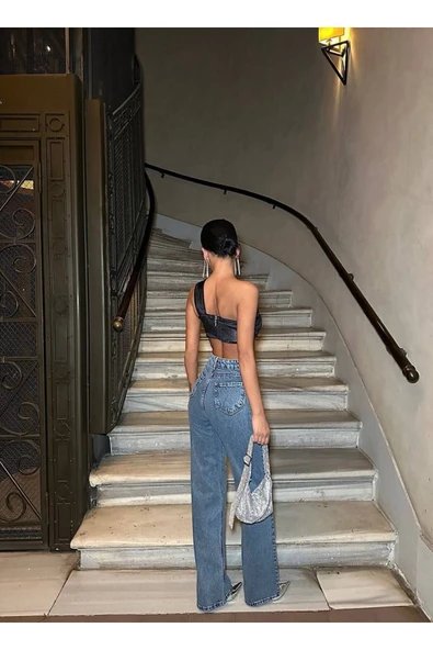 Tasarım Pinterst Model Kot Pantolon Jeans İthal Kumaş Kalite Palazzo Pantolon - Resim 2