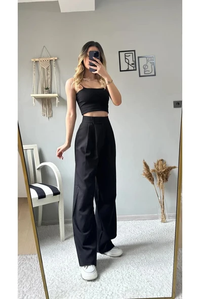 Kadın Yüksek Bel Cırtlı Peleli Bej Palazzo Pantolon - Resim 6