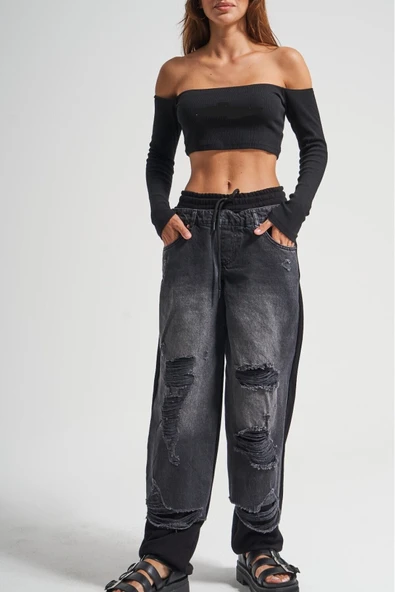 Kadın Tint Haki Lazer Detaylı Skater Jogger Fit Denim Jogger Kot Pantolon Baggy Model - Resim 10