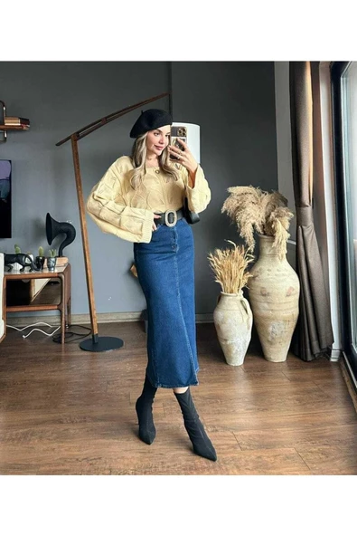 Zr Model Yırtmaç Detaylı Düğmeli Kot Etek Koyu Mavi Midi Diz Boy - 11