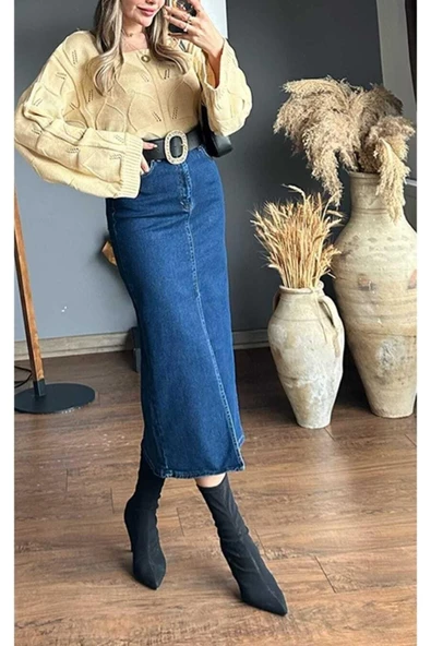 Zr Model Yırtmaç Detaylı Düğmeli Kot Etek Koyu Mavi Midi Diz Boy - Resim 5