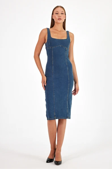 Arkadan Yırtmaçlı Fermuarlı Kalın Asklı Kot Elbise Denim Elbise - 7