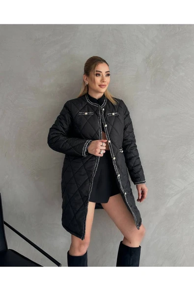 Baklava Desen Kapitone Tüvit Kumaş Mont Ceket Hırka Palto - 4