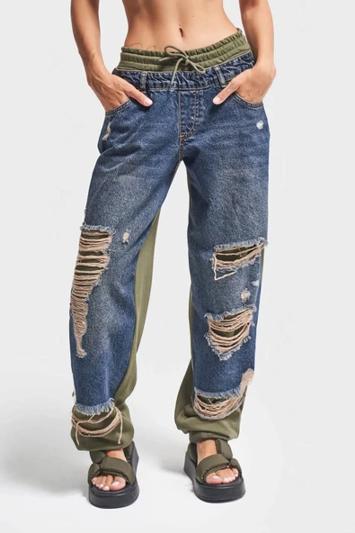 Kadın Tint Haki Lazer Detaylı Skater Jogger Fit Denim Jogger Kot Pantolon Baggy Model - 5