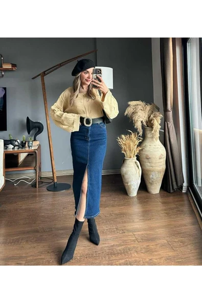Zr Model Yırtmaç Detaylı Düğmeli Kot Etek Koyu Mavi Midi Diz Boy - 8
