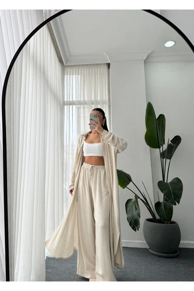 Kimono Takın Uzun Maxi Boy Gömlek Pantolonlu Takım - 3