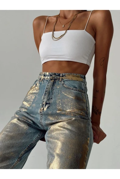 Gümüş Varaklı Palazzo Kot Pantolon Jeans - Resim 9