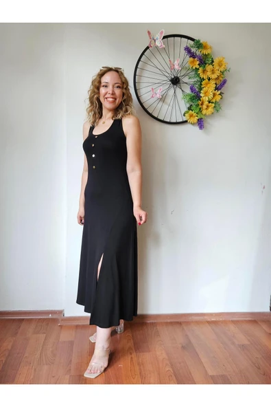 Boyundan Bağlama Detaylı Siyah Uzun Yırtmaçlı Elbise - Resim 5