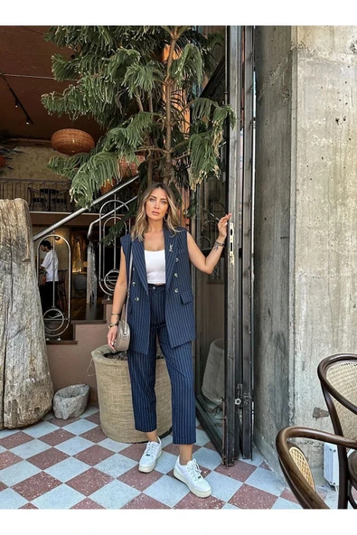 Ekru Renk Premium Boy Fit Kadın Pantolon Kolsuz Ceket Yelek Takımı Atlas Kumaş - Resim 8