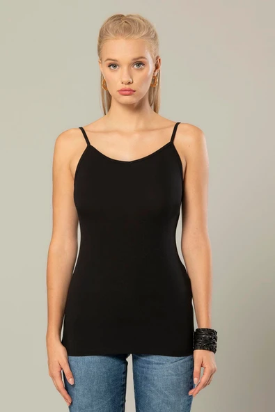 Weweus Siyah Kadın Viskon Sırt Dekolteli Ip Askılı Bluz 236 - Resim 2