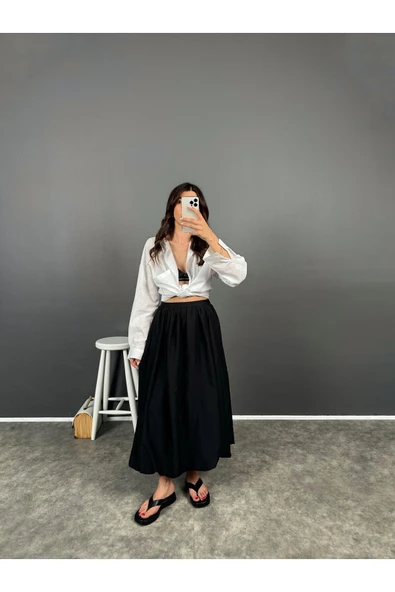 Siyah Beli Lastikli Poplin Yandan Cepli Etek - 5