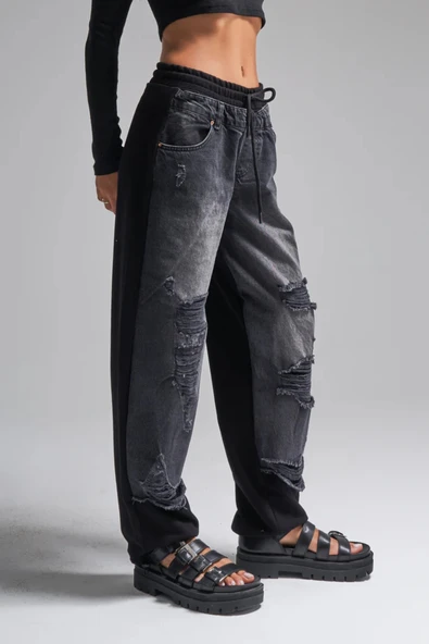 Kadın Tint Haki Lazer Detaylı Skater Jogger Fit Denim Jogger Kot Pantolon Baggy Model - 1