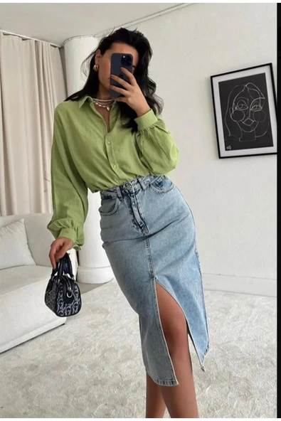 Zr Model Yırtmaç Detaylı Düğmeli Kot Etek Koyu Mavi Midi Diz Boy - 4