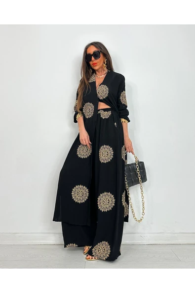 Glow Nakışlı Kimono Takın Uzun Maxi Boy Gömlek Pantolonlu Takım - 4