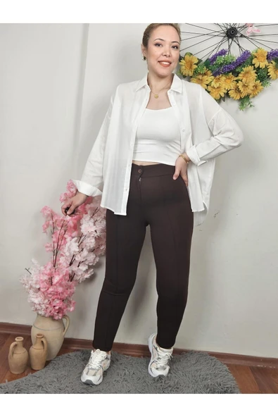 Krep Kumaş Kahverengi Dar Paça Pantolon - 3