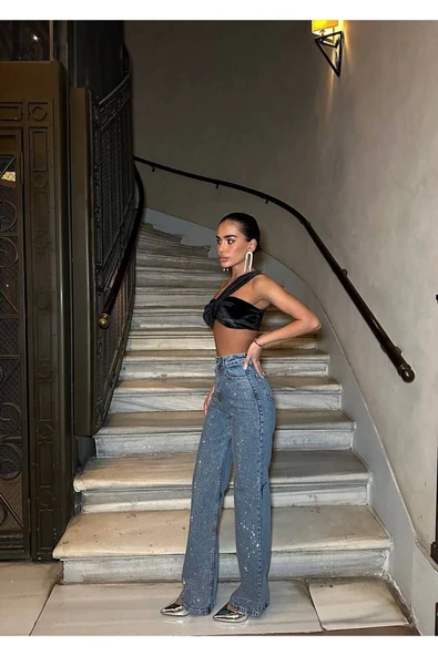 Tasarım Pinterst Model Kot Pantolon Jeans İthal Kumaş Kalite Palazzo Pantolon - Resim 6