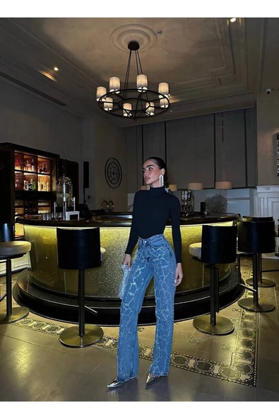 Gümüş Varaklı Palazzo Kot Pantolon Jeans - 8