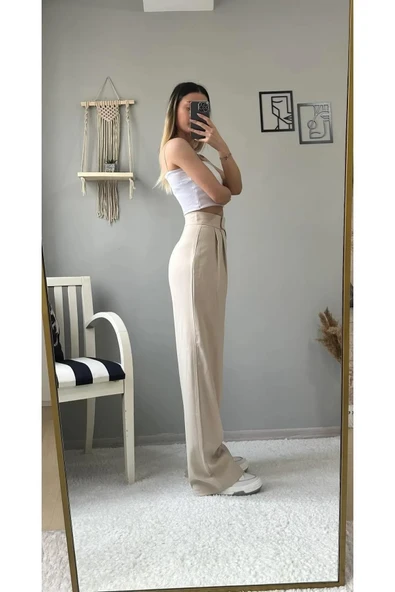 Kadın Yüksek Bel Cırtlı Peleli Bej Palazzo Pantolon - Resim 10