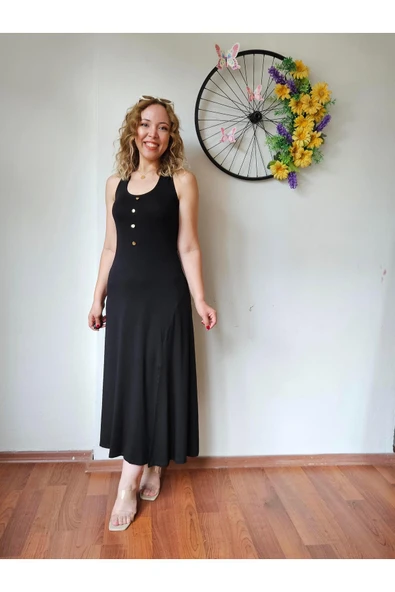 Boyundan Bağlama Detaylı Siyah Uzun Yırtmaçlı Elbise - Resim 4