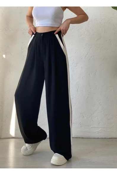 Kadın Yüksek Bel Cırtlı Peleli Bej Palazzo Pantolon - Resim 8