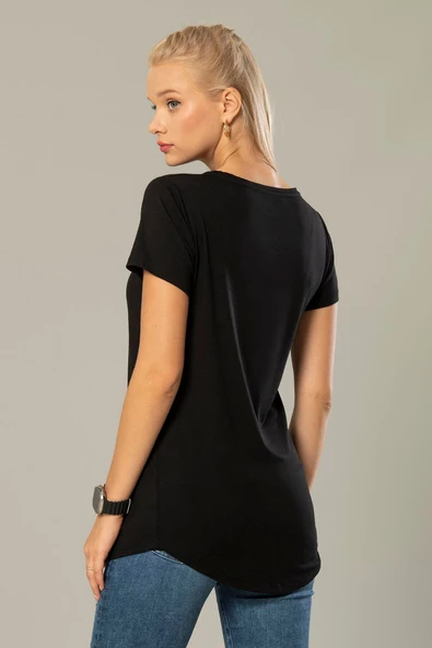 Weweus Siyah Kadın Viskon Uzun Tişört 229 - Resim 2