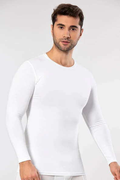 Weweus Beyaz Süper İnce Erkek Doğal Bambu Lüks Uzun Kol Tişört 1131 - Resim 3