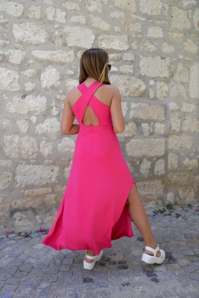 Yeşil Arkası Çapraz Yırtmaçlı Maxi Boy Elbise - 5