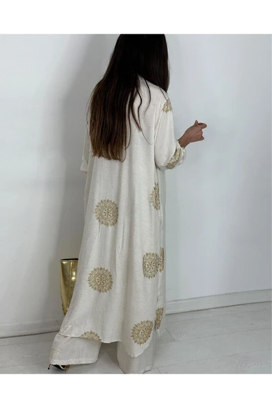 Glow Nakışlı Kimono Takın Uzun Maxi Boy Gömlek Pantolonlu Takım - 3