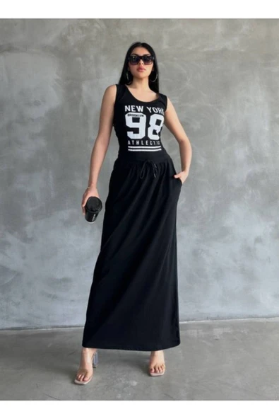 İthal Kompak Süprem Kumaş Baskılı Maxı Boy Elbise Bluz Etek Görünümlü - Resim 3