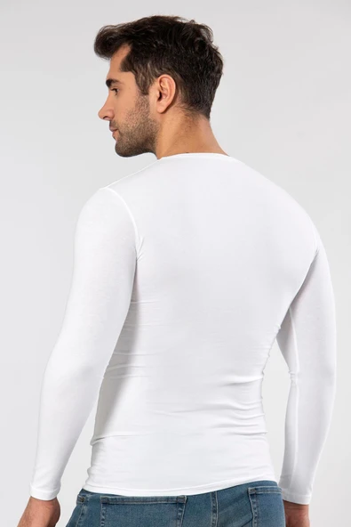 Weweus Beyaz Süper İnce Erkek Doğal Bambu Lüks Uzun Kol Tişört 1131 - Resim 5
