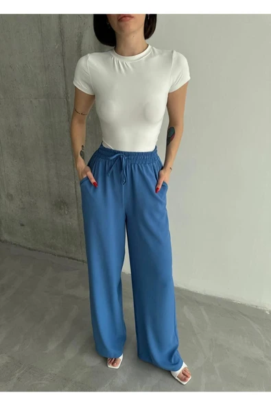 Linda Kumaş Siyah Keten Karışımlı Bol Kesim Pantolon Beli Lastikli Beli Bağcıklı - Resim 3