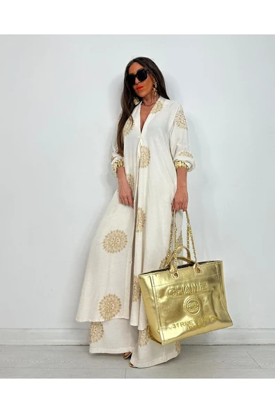 Glow Nakışlı Kimono Takın Uzun Maxi Boy Gömlek Pantolonlu Takım - 9