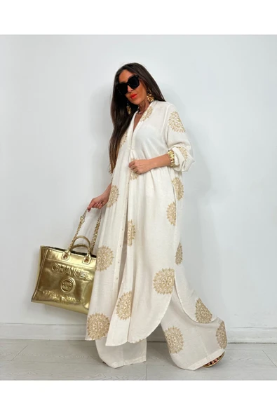 Glow Nakışlı Kimono Takın Uzun Maxi Boy Gömlek Pantolonlu Takım - 5