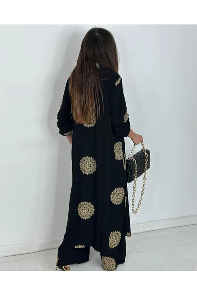 Glow Nakışlı Kimono Takın Uzun Maxi Boy Gömlek Pantolonlu Takım - 6